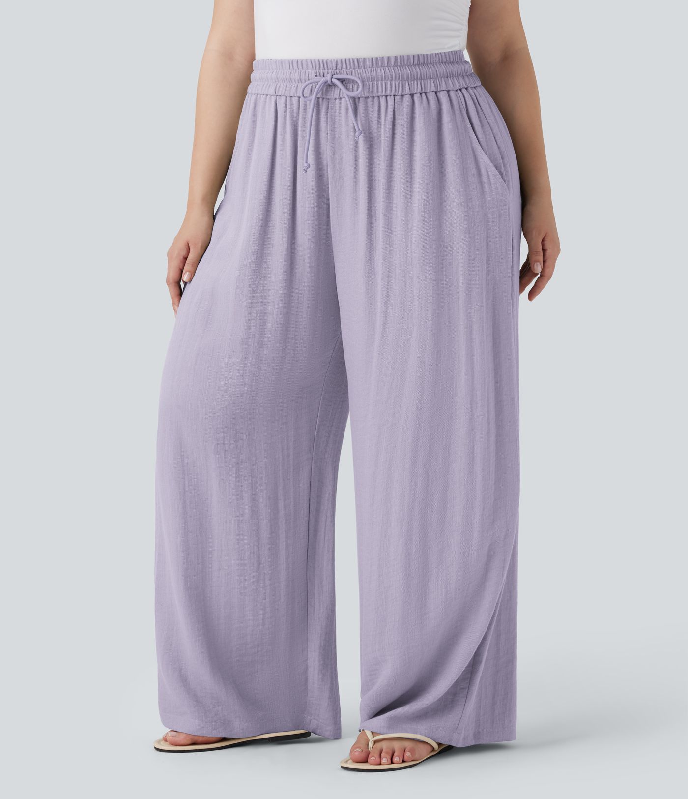 High Waisted Drawstring Linen-Feel Wide Leg Casual Plus Size Trousers with Pockets High Waisted Drawstring Linen-Feel Wide Leg Casual Plus Size Trousers with Pockets