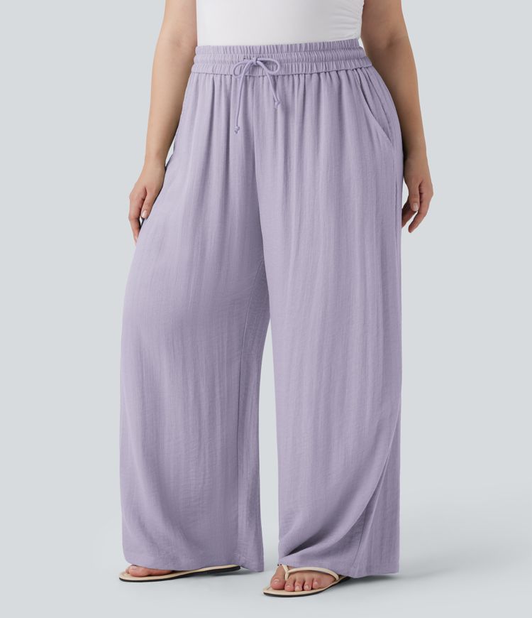 High Waisted Drawstring Linen-Feel Wide Leg Casual Plus Size Trousers with Pockets High Waisted Drawstring Linen-Feel Wide Leg Casual Plus Size Trousers with Pockets