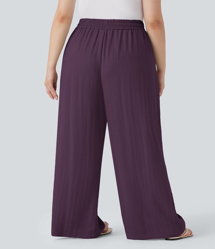 Pantalon Décontracté Taille Haute à Cordon, Effet Lin, Jambes Larges, Grande Taille, avec Poches