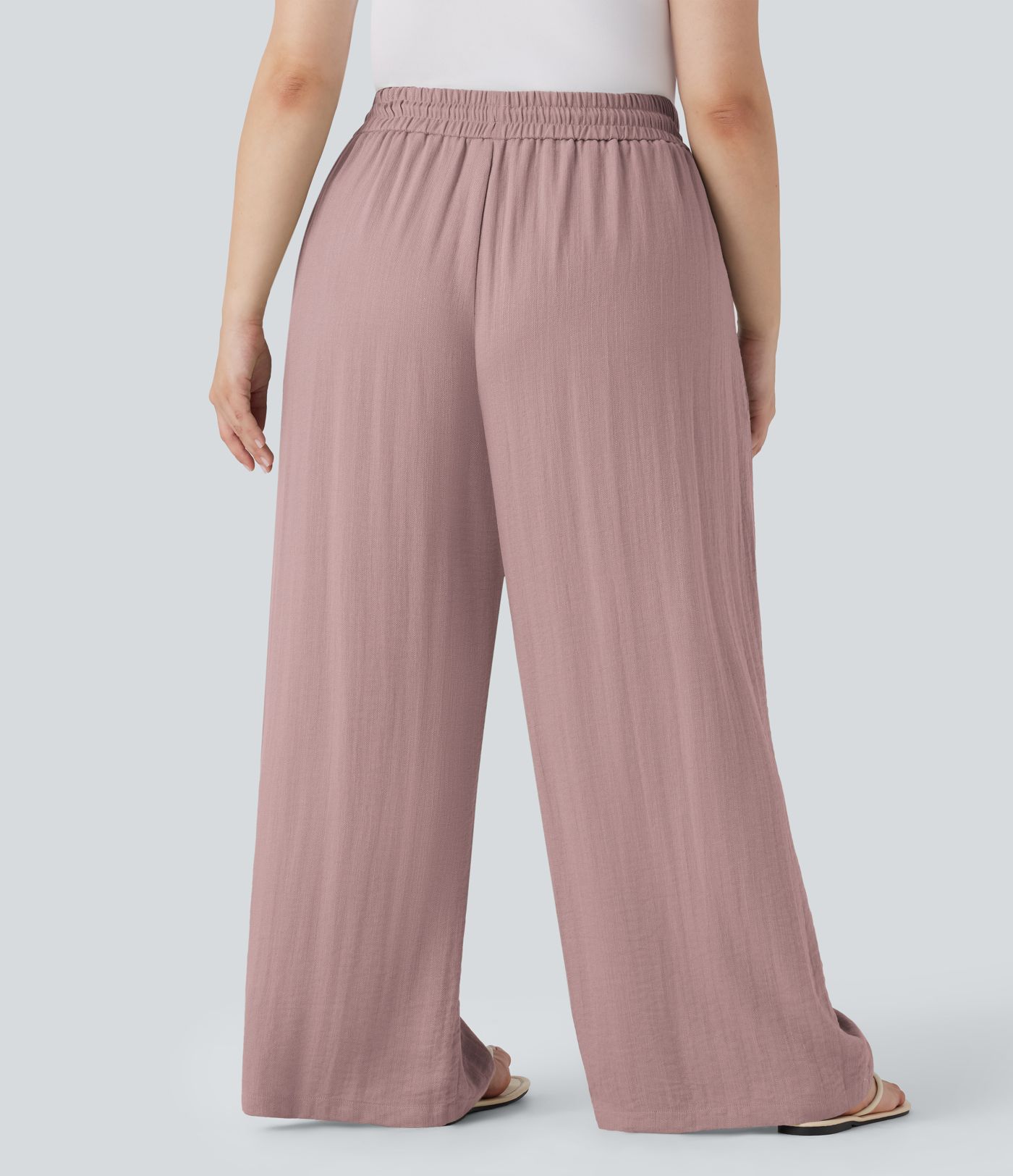 Pantalon décontracté grande taille large fluide taille haute effet lin avec cordon de serrage et poches