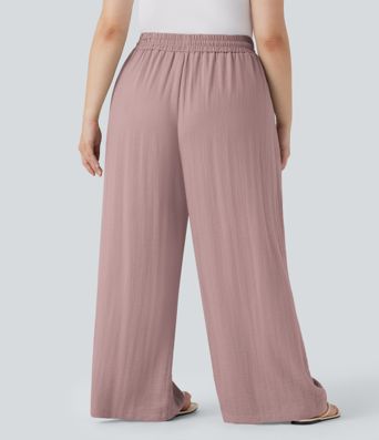 Pantalon décontracté grande taille large fluide taille haute effet lin avec cordon de serrage et poches