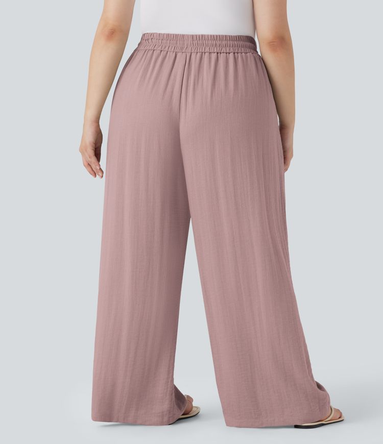 Pantalon décontracté grande taille large fluide taille haute effet lin avec cordon de serrage et poches