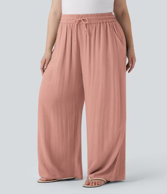 Pantalon décontracté grande taille large fluide taille haute effet lin avec cordon de serrage et poches