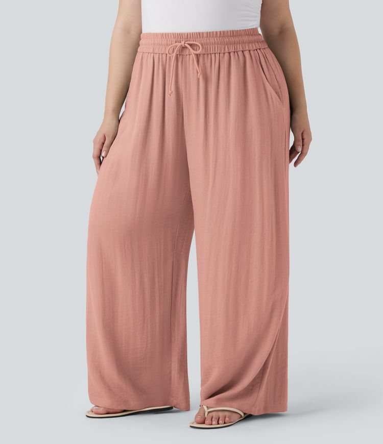 Pantalon décontracté grande taille large fluide taille haute effet lin avec cordon de serrage et poches