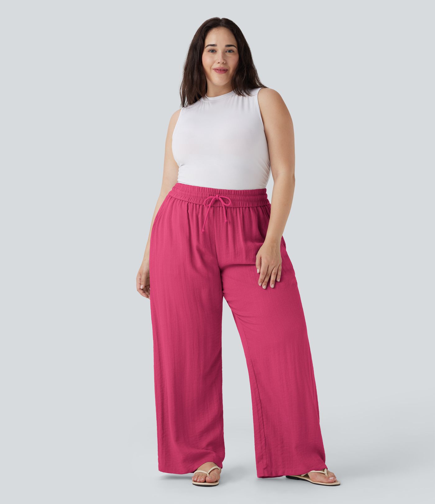 Pantalon décontracté grande taille large fluide taille haute effet lin avec cordon de serrage et poches Pantalon décontracté grande taille large fluide taille haute effet lin avec cordon de serrage et poches