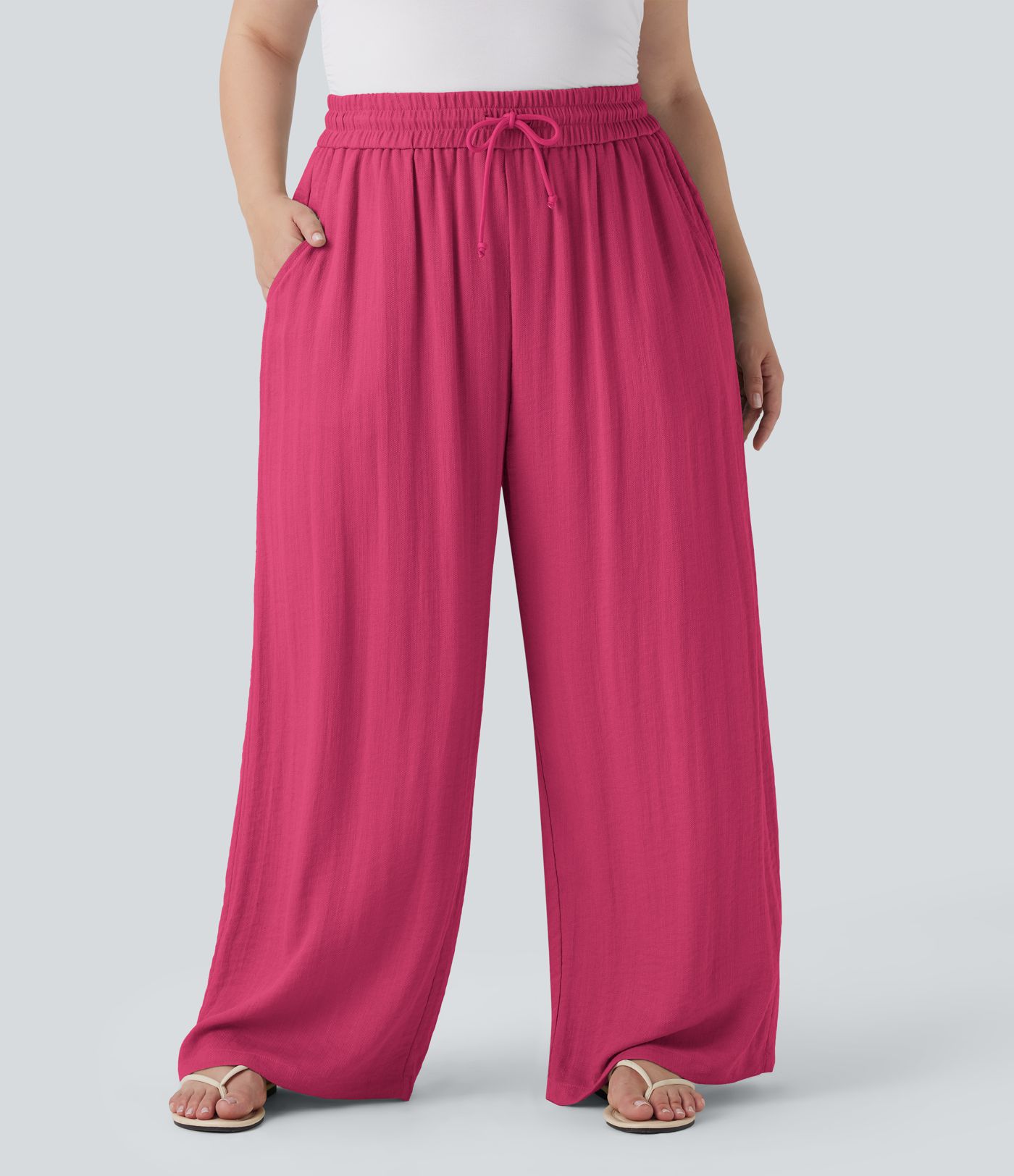 Pantalon décontracté grande taille large fluide taille haute effet lin avec cordon de serrage et poches Pantalon décontracté grande taille large fluide taille haute effet lin avec cordon de serrage et poches