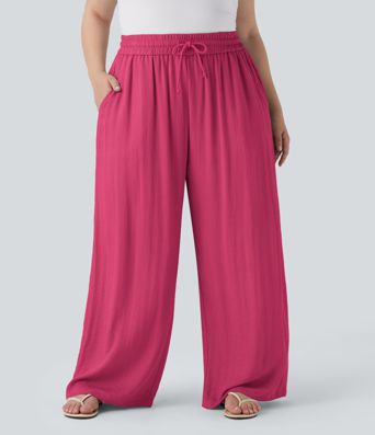 Pantalon décontracté grande taille large fluide taille haute effet lin avec cordon de serrage et poches Pantalon décontracté grande taille large fluide taille haute effet lin avec cordon de serrage et poches