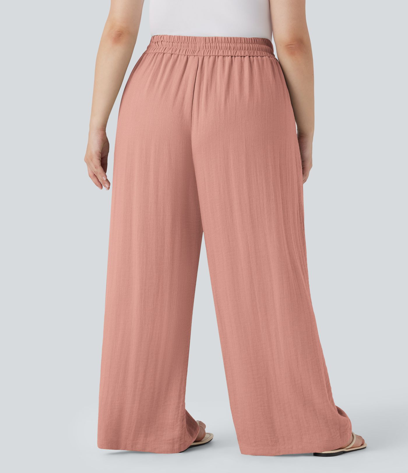 Pantalon décontracté grande taille large fluide taille haute effet lin avec cordon de serrage et poches