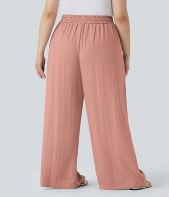 Pantalon décontracté grande taille large fluide taille haute effet lin avec cordon de serrage et poches