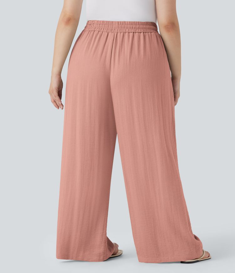 Pantalon décontracté grande taille large fluide taille haute effet lin avec cordon de serrage et poches