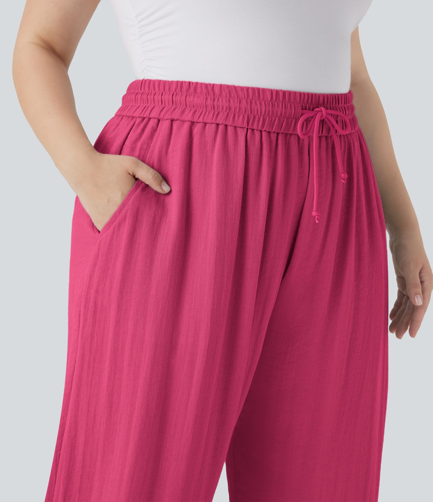 Pantalon décontracté grande taille large fluide taille haute effet lin avec cordon de serrage et poches Pantalon décontracté grande taille large fluide taille haute effet lin avec cordon de serrage et poches