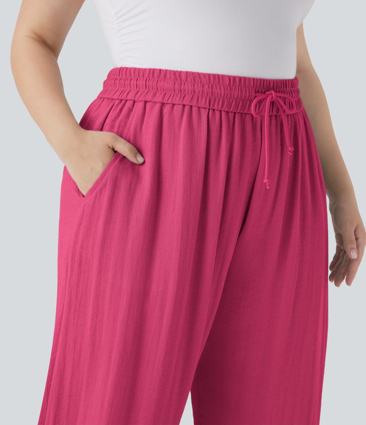 Pantalon décontracté grande taille large fluide taille haute effet lin avec cordon de serrage et poches Pantalon décontracté grande taille large fluide taille haute effet lin avec cordon de serrage et poches