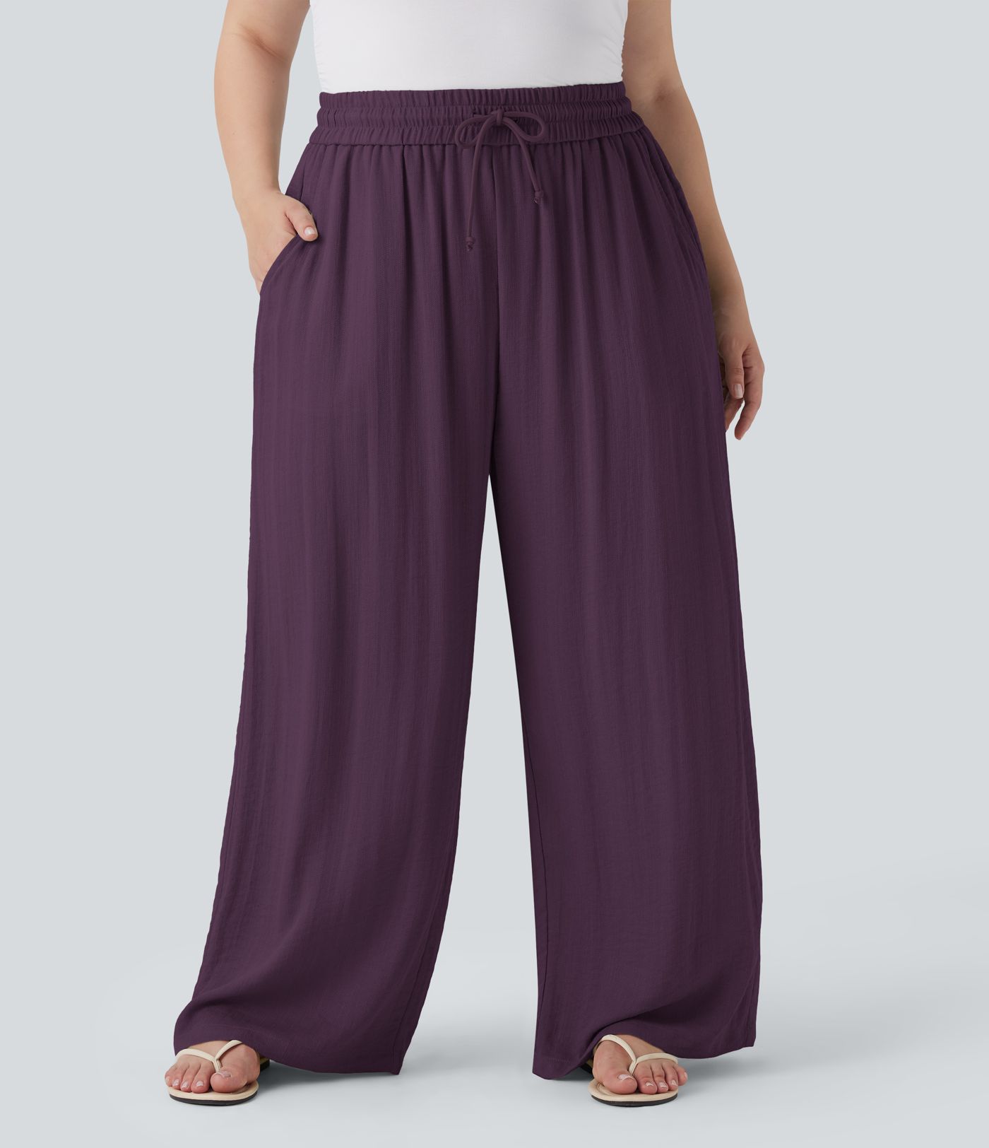 Pantalon Décontracté Taille Haute à Cordon, Effet Lin, Jambes Larges, Grande Taille, avec Poches