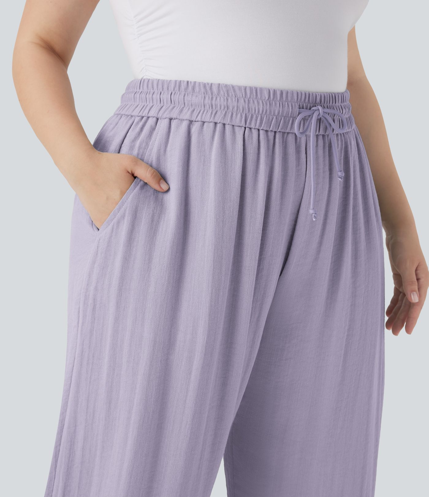 High Waisted Drawstring Linen-Feel Wide Leg Casual Plus Size Trousers with Pockets High Waisted Drawstring Linen-Feel Wide Leg Casual Plus Size Trousers with Pockets