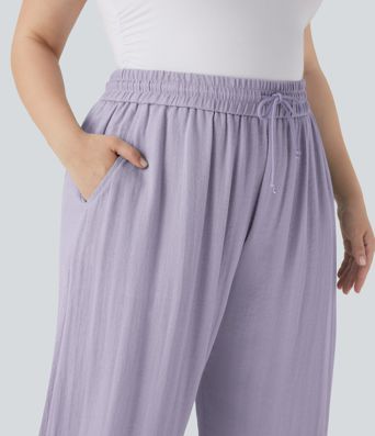 High Waisted Drawstring Linen-Feel Wide Leg Casual Plus Size Trousers with Pockets High Waisted Drawstring Linen-Feel Wide Leg Casual Plus Size Trousers with Pockets
