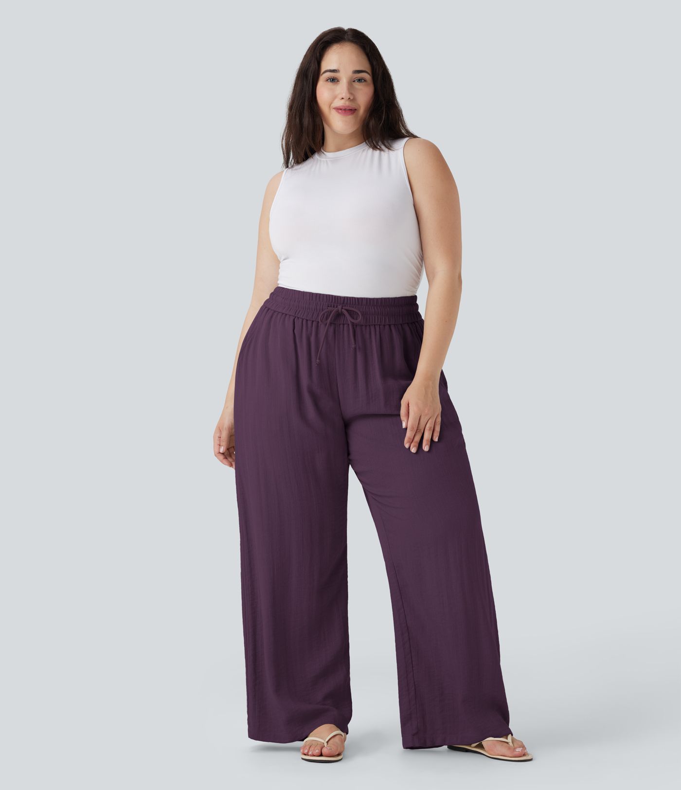 Pantalon Décontracté Taille Haute à Cordon, Effet Lin, Jambes Larges, Grande Taille, avec Poches