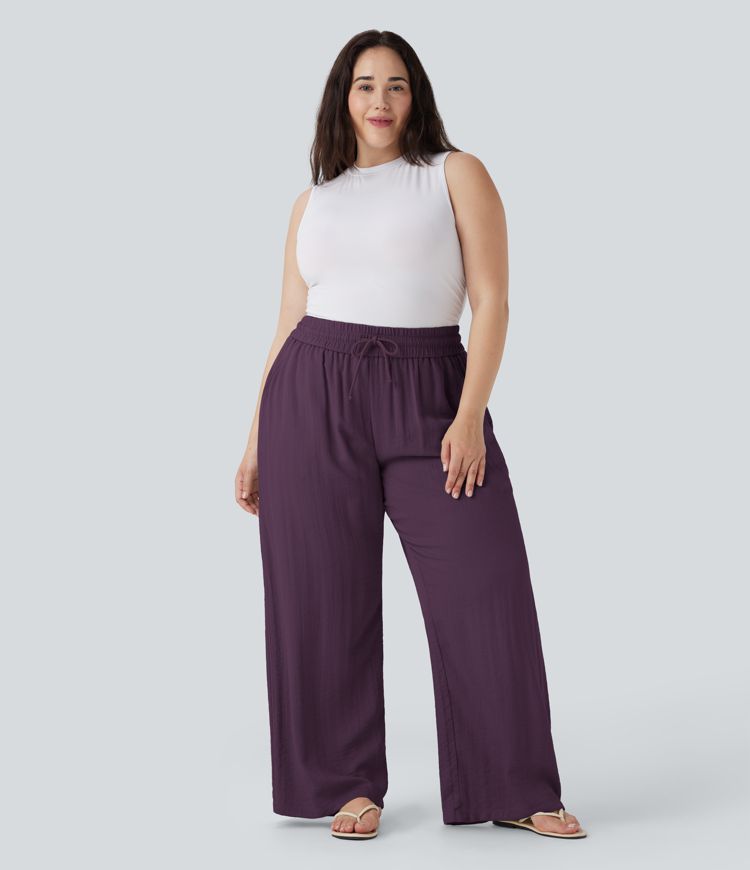 Pantalon Décontracté Taille Haute à Cordon, Effet Lin, Jambes Larges, Grande Taille, avec Poches