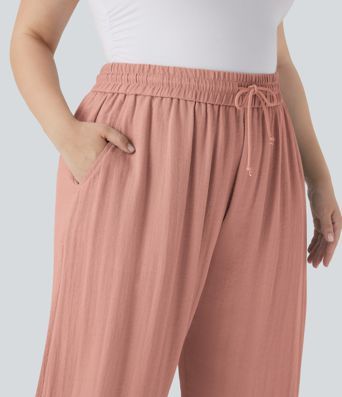 Pantalon décontracté grande taille large fluide taille haute effet lin avec cordon de serrage et poches