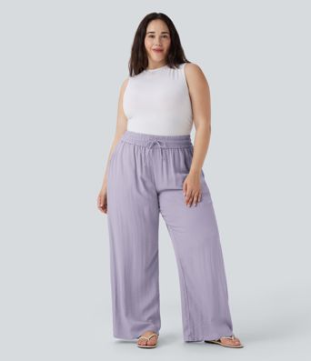 High Waisted Drawstring Linen-Feel Wide Leg Casual Plus Size Trousers with Pockets High Waisted Drawstring Linen-Feel Wide Leg Casual Plus Size Trousers with Pockets