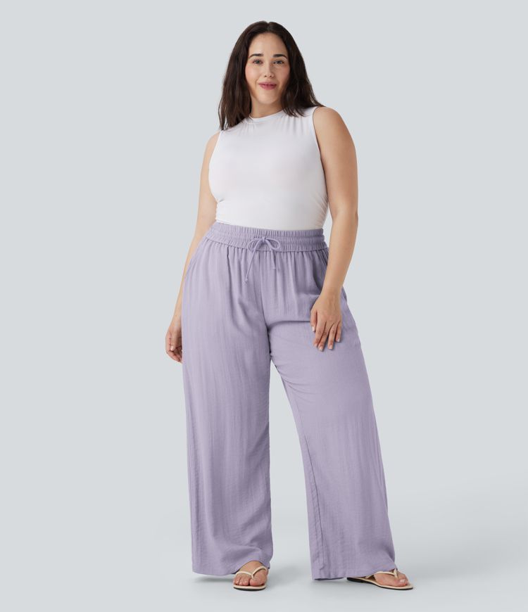 High Waisted Drawstring Linen-Feel Wide Leg Casual Plus Size Trousers with Pockets High Waisted Drawstring Linen-Feel Wide Leg Casual Plus Size Trousers with Pockets