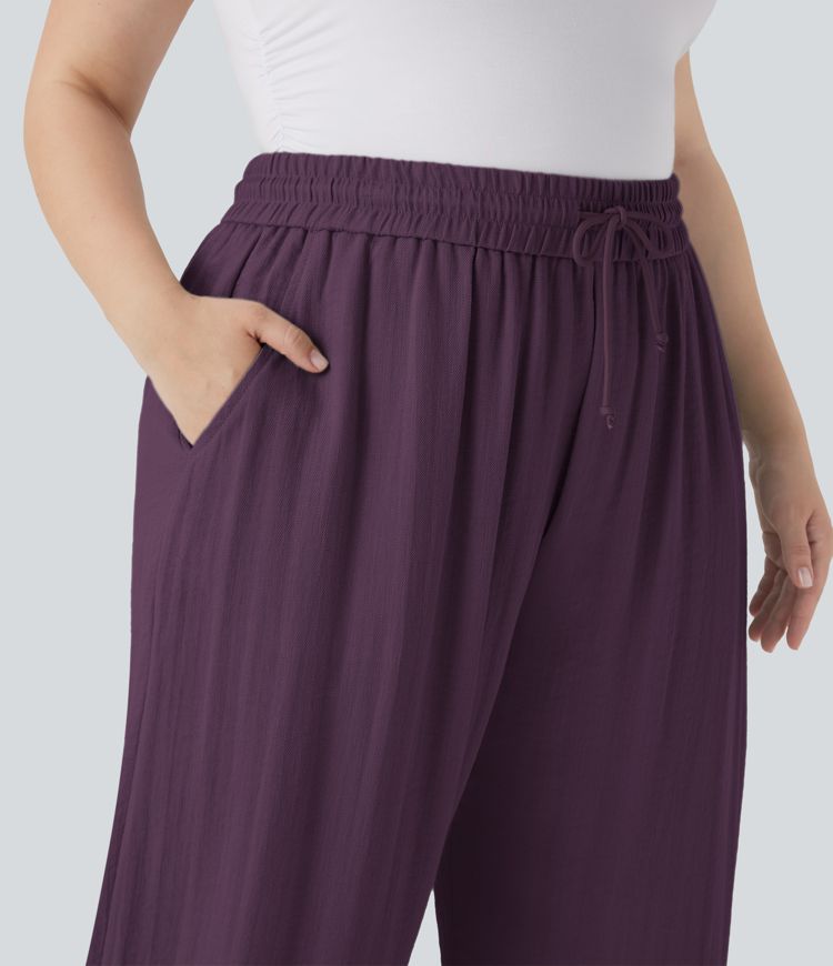 Pantalon Décontracté Taille Haute à Cordon, Effet Lin, Jambes Larges, Grande Taille, avec Poches
