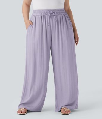 High Waisted Drawstring Linen-Feel Wide Leg Casual Plus Size Trousers with Pockets High Waisted Drawstring Linen-Feel Wide Leg Casual Plus Size Trousers with Pockets