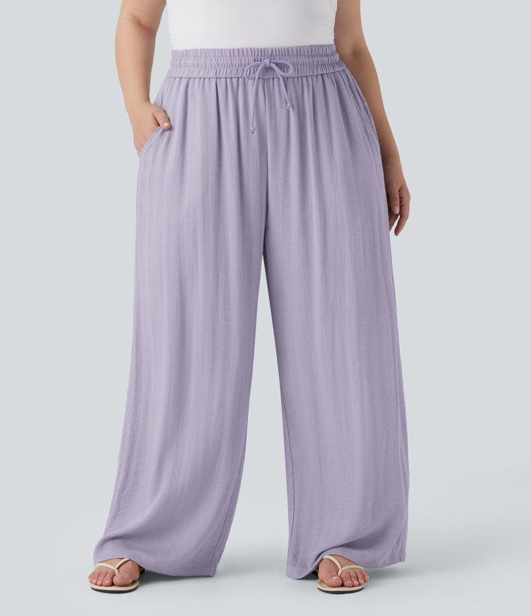 High Waisted Drawstring Linen-Feel Wide Leg Casual Plus Size Trousers with Pockets High Waisted Drawstring Linen-Feel Wide Leg Casual Plus Size Trousers with Pockets