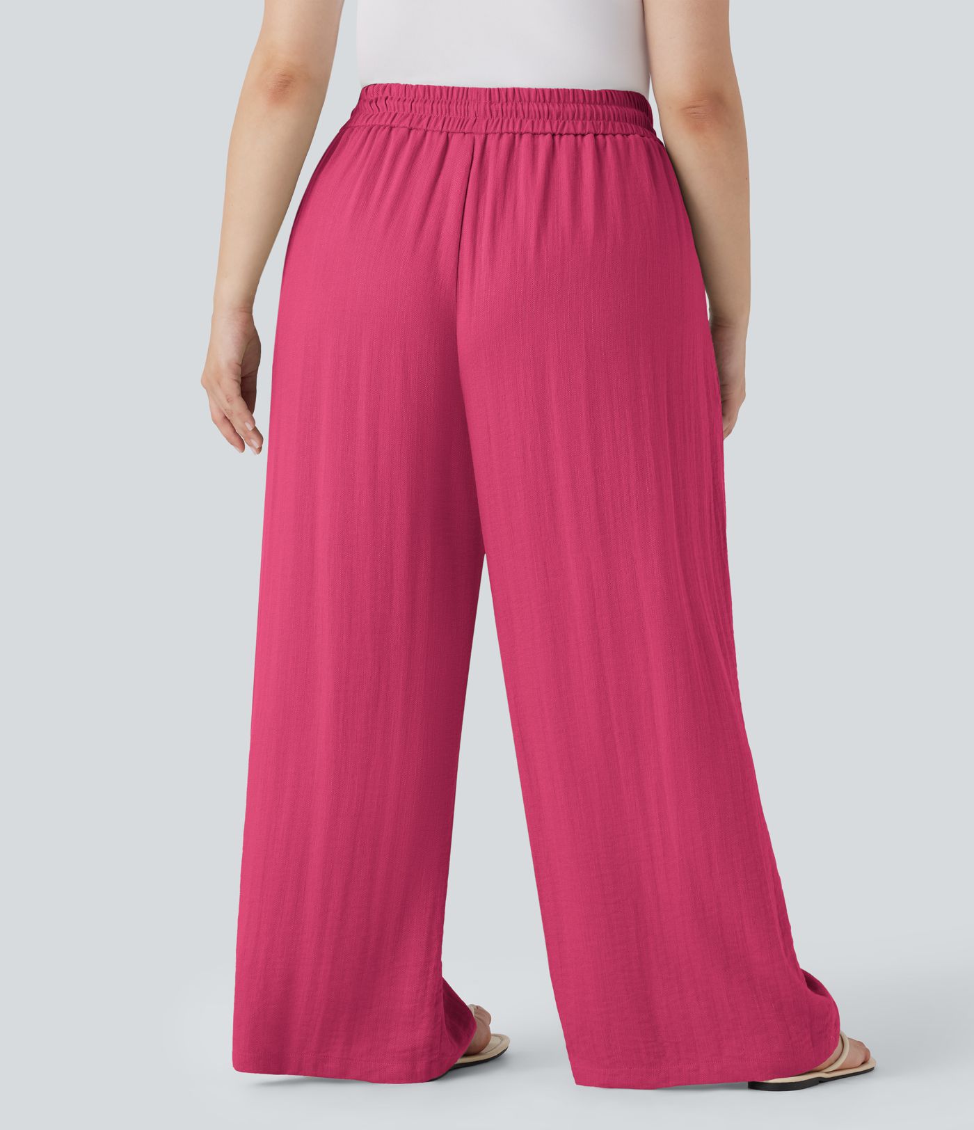 Pantalon décontracté grande taille large fluide taille haute effet lin avec cordon de serrage et poches Pantalon décontracté grande taille large fluide taille haute effet lin avec cordon de serrage et poches
