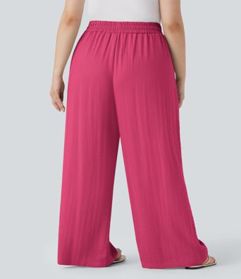 Pantalon décontracté grande taille large fluide taille haute effet lin avec cordon de serrage et poches Pantalon décontracté grande taille large fluide taille haute effet lin avec cordon de serrage et poches
