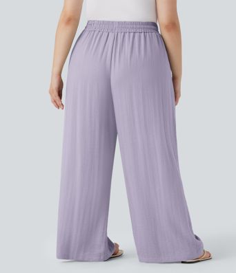 High Waisted Drawstring Linen-Feel Wide Leg Casual Plus Size Trousers with Pockets High Waisted Drawstring Linen-Feel Wide Leg Casual Plus Size Trousers with Pockets