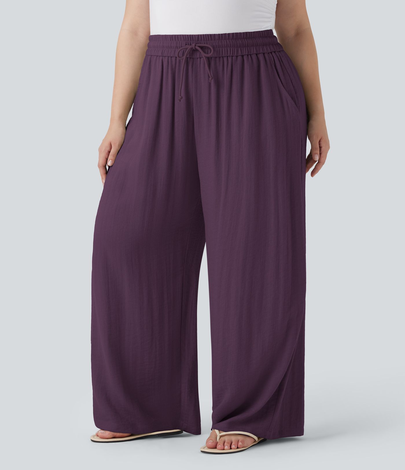 Pantalon Décontracté Taille Haute à Cordon, Effet Lin, Jambes Larges, Grande Taille, avec Poches