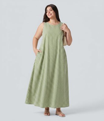 Plus Size Round Neck Sleeveless Midi Crinkle Gingham Casual Tank Dress with Pockets Plus Size Round Neck Sleeveless Midi Crinkle Gingham Casual Tank Dress with Pockets