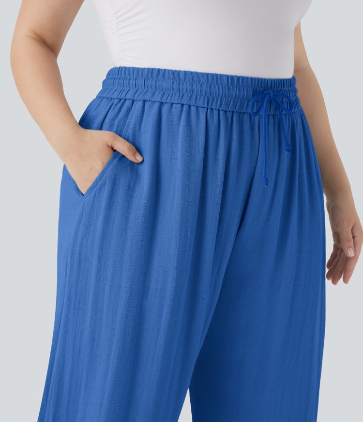 Hoch geschnittene Kordelzug-Leinen-Optik Weite Bein Casual Plus Size Hose mit Taschen Hoch geschnittene Kordelzug-Leinen-Optik Weite Bein Casual Plus Size Hose mit Taschen