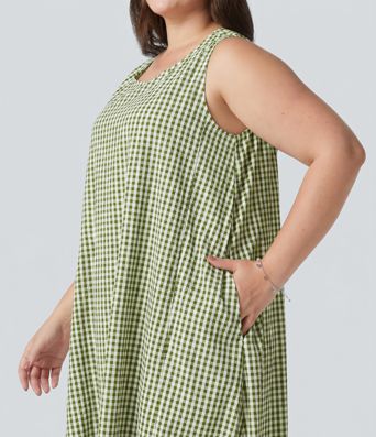 Plus Size Round Neck Sleeveless Midi Crinkle Gingham Casual Tank Dress with Pockets Plus Size Round Neck Sleeveless Midi Crinkle Gingham Casual Tank Dress with Pockets