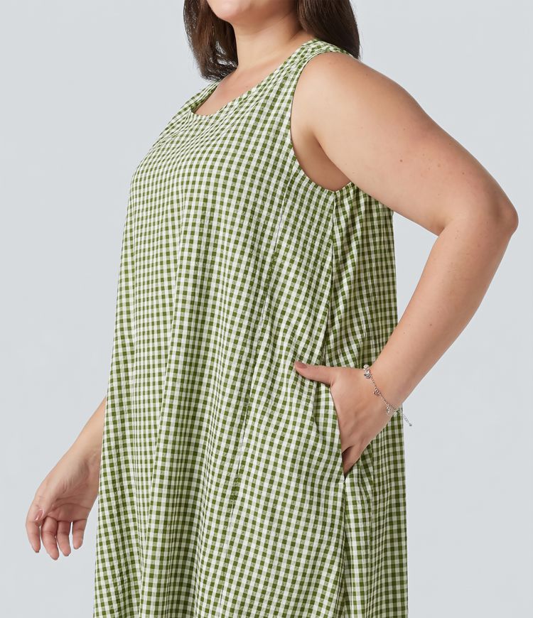 Plus Size Round Neck Sleeveless Midi Crinkle Gingham Casual Tank Dress with Pockets Plus Size Round Neck Sleeveless Midi Crinkle Gingham Casual Tank Dress with Pockets