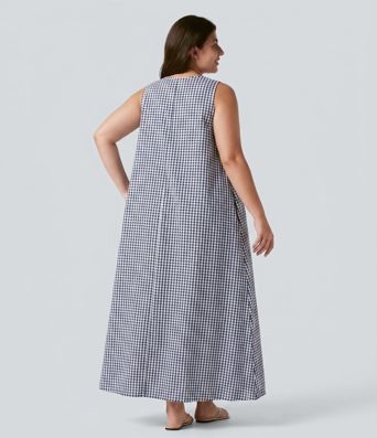 Plus Size Round Neck Sleeveless Midi Crinkle Gingham Casual Tank Dress with Pockets