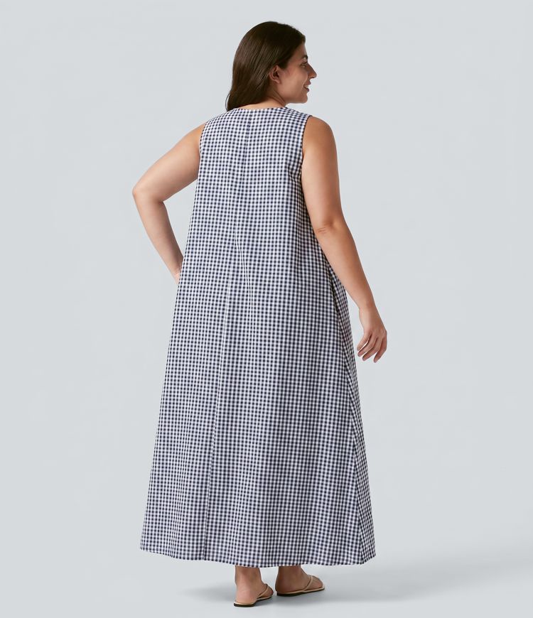 Plus Size Round Neck Sleeveless Midi Crinkle Gingham Casual Tank Dress with Pockets