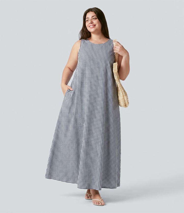 Plus Size Round Neck Sleeveless Midi Crinkle Gingham Casual Tank Dress with Pockets