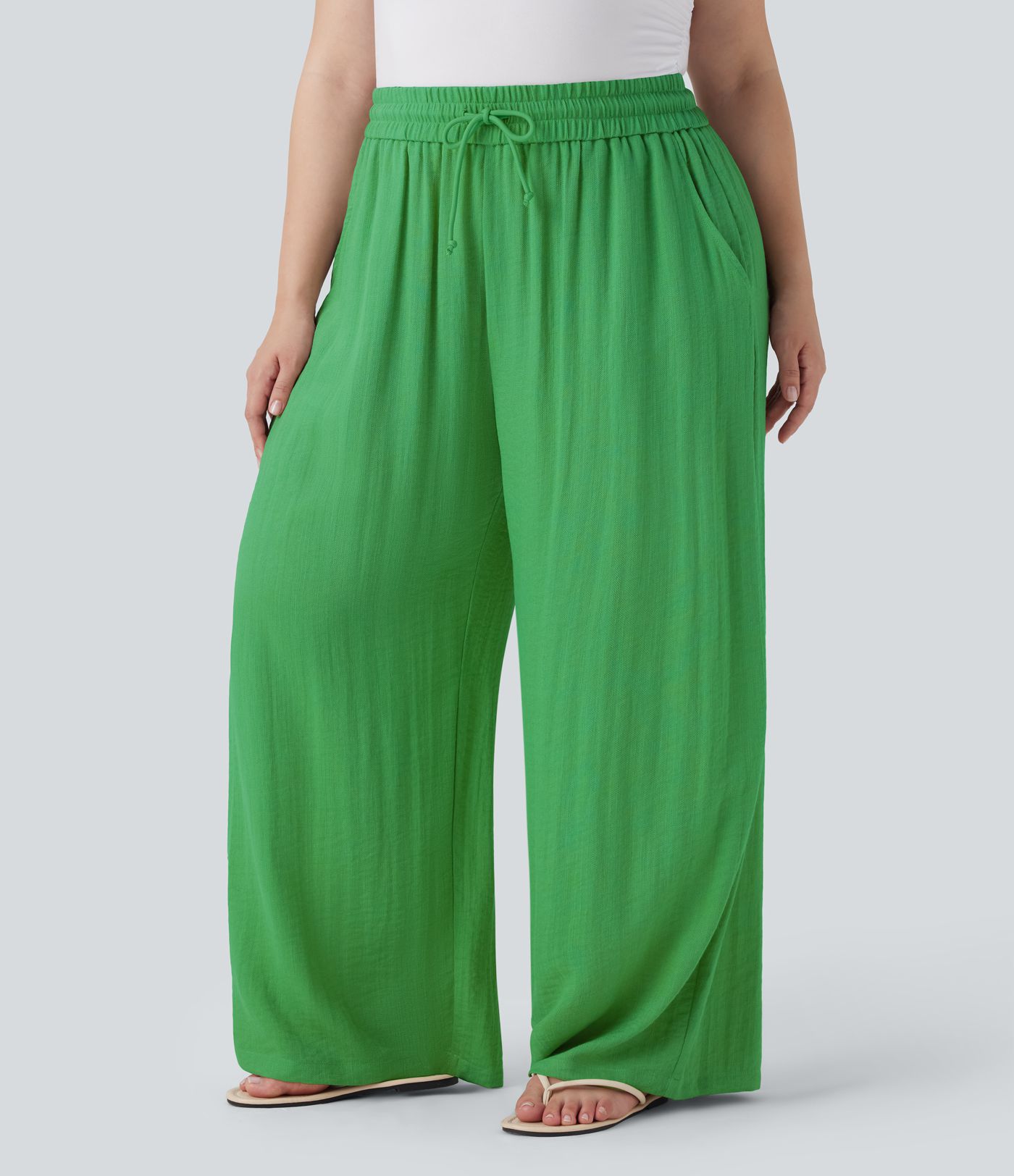 High Waisted Drawstring Linen-Feel Wide Leg Casual Plus Size Trousers with Pockets