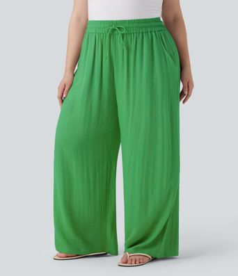 High Waisted Drawstring Linen-Feel Wide Leg Casual Plus Size Trousers with Pockets