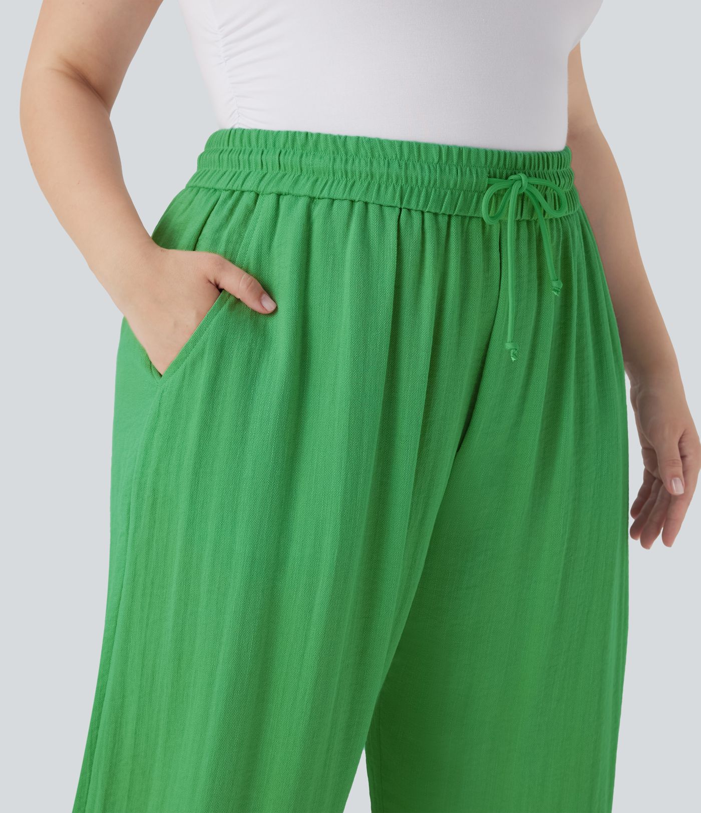 High Waisted Drawstring Linen-Feel Wide Leg Casual Plus Size Trousers with Pockets