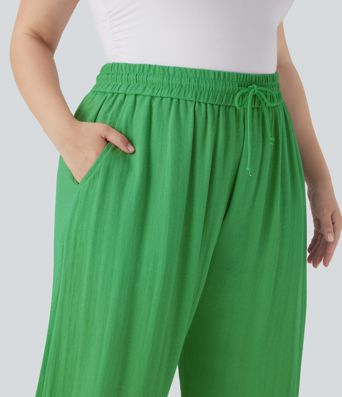 High Waisted Drawstring Linen-Feel Wide Leg Casual Plus Size Trousers with Pockets