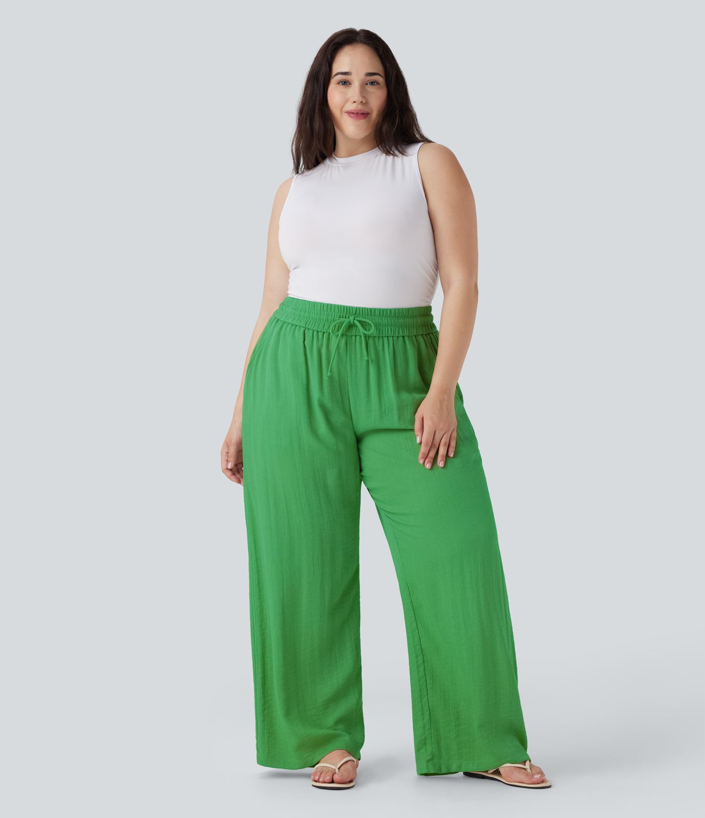 High Waisted Drawstring Linen-Feel Wide Leg Casual Plus Size Trousers with Pockets