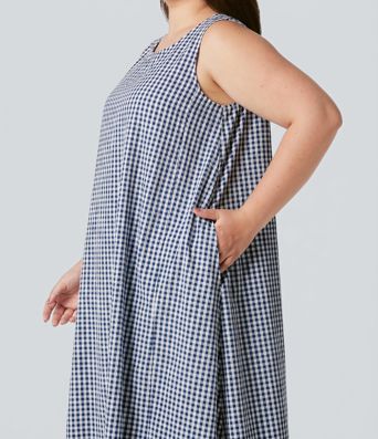 Plus Size Round Neck Sleeveless Midi Crinkle Gingham Casual Tank Dress with Pockets