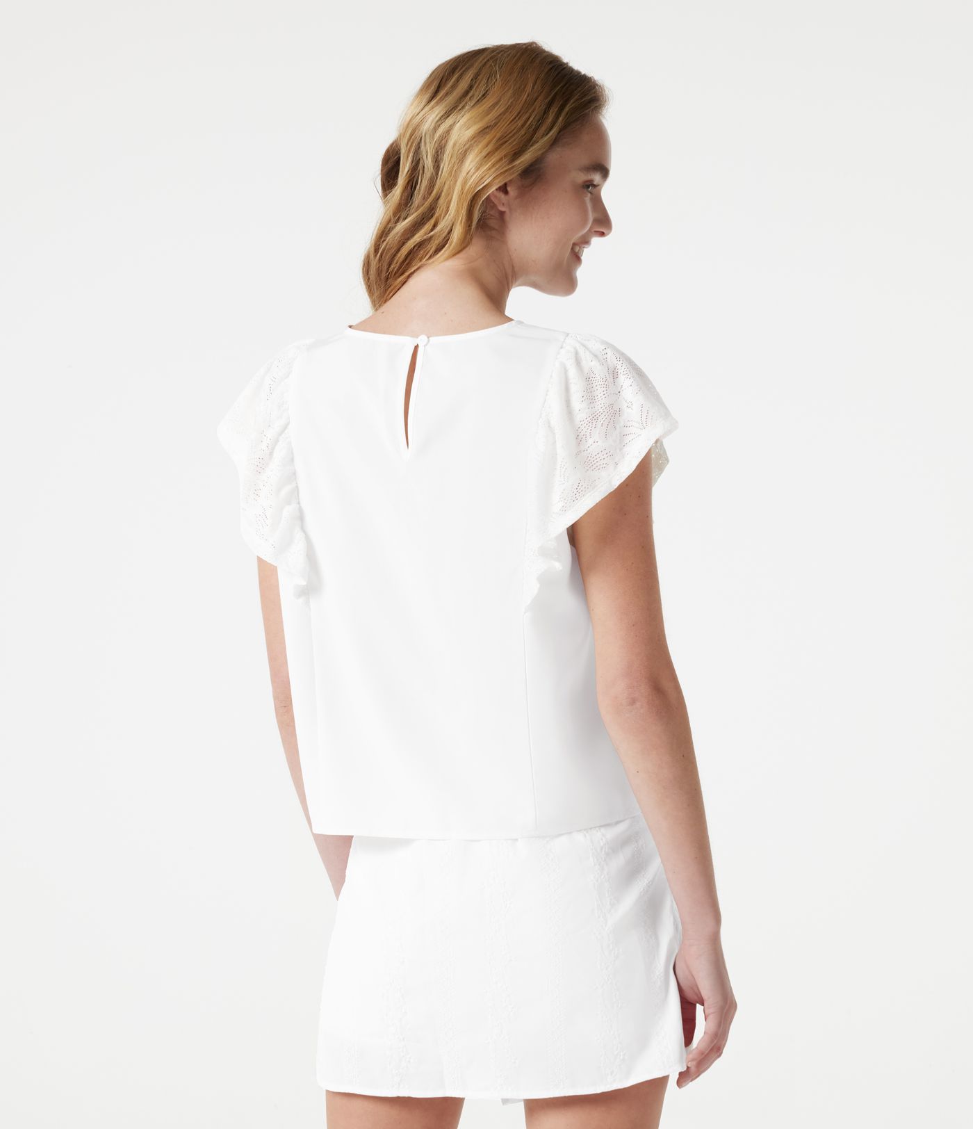 Round Neck Keyhole Back Contrast Lace Flounce Sleeve Casual Blouse