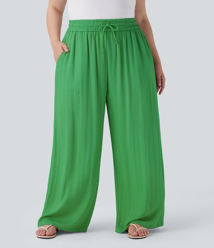 High Waisted Drawstring Linen-Feel Wide Leg Casual Plus Size Trousers with Pockets
