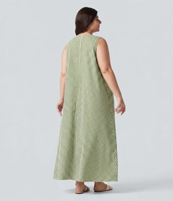 Plus Size Round Neck Sleeveless Midi Crinkle Gingham Casual Tank Dress with Pockets Plus Size Round Neck Sleeveless Midi Crinkle Gingham Casual Tank Dress with Pockets