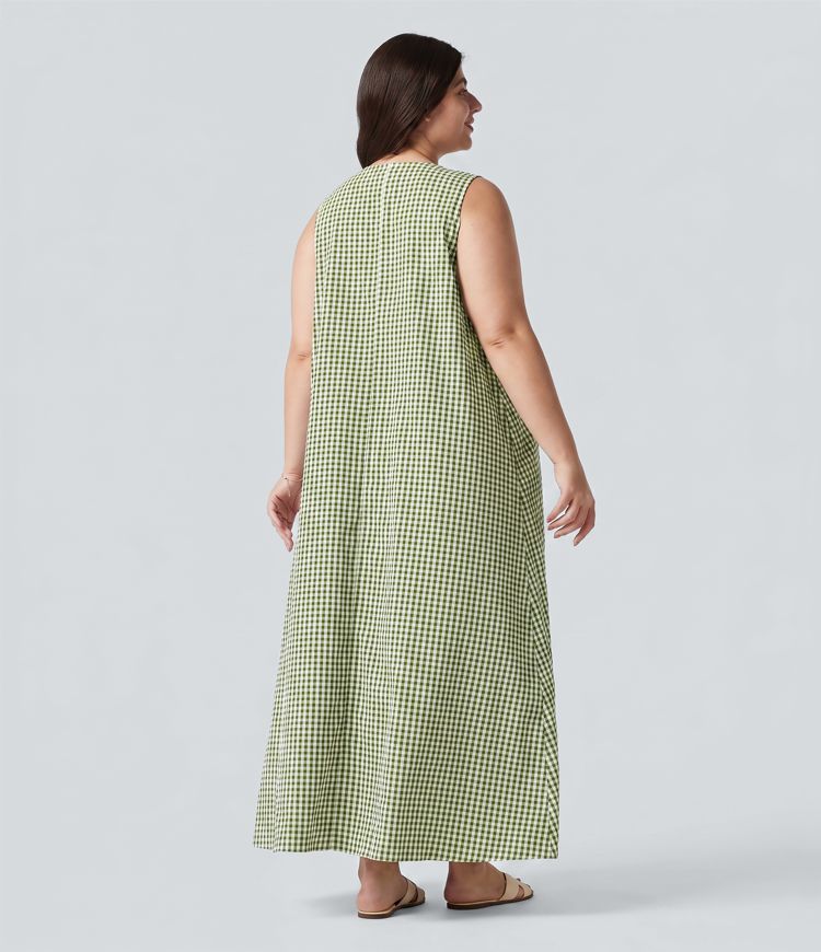 Plus Size Round Neck Sleeveless Midi Crinkle Gingham Casual Tank Dress with Pockets Plus Size Round Neck Sleeveless Midi Crinkle Gingham Casual Tank Dress with Pockets