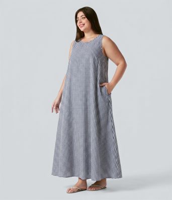 Plus Size Round Neck Sleeveless Midi Crinkle Gingham Casual Tank Dress with Pockets