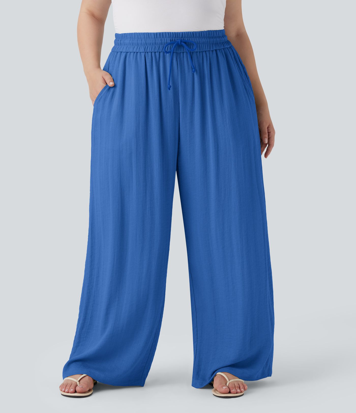 Hoch geschnittene Kordelzug-Leinen-Optik Weite Bein Casual Plus Size Hose mit Taschen Hoch geschnittene Kordelzug-Leinen-Optik Weite Bein Casual Plus Size Hose mit Taschen